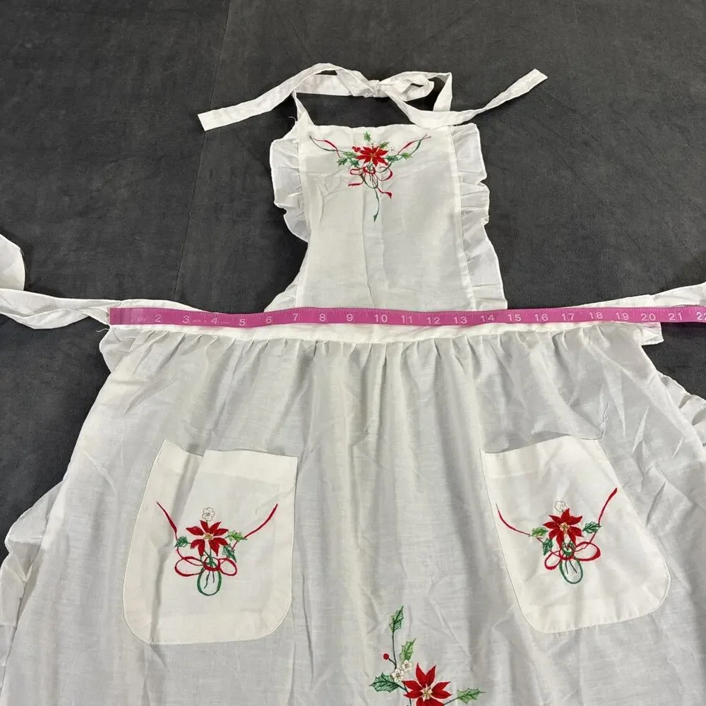 Vintage Lot of 2 Christmas Aprons, 1 Half, 1 Full Embroidered White & Red Chrty